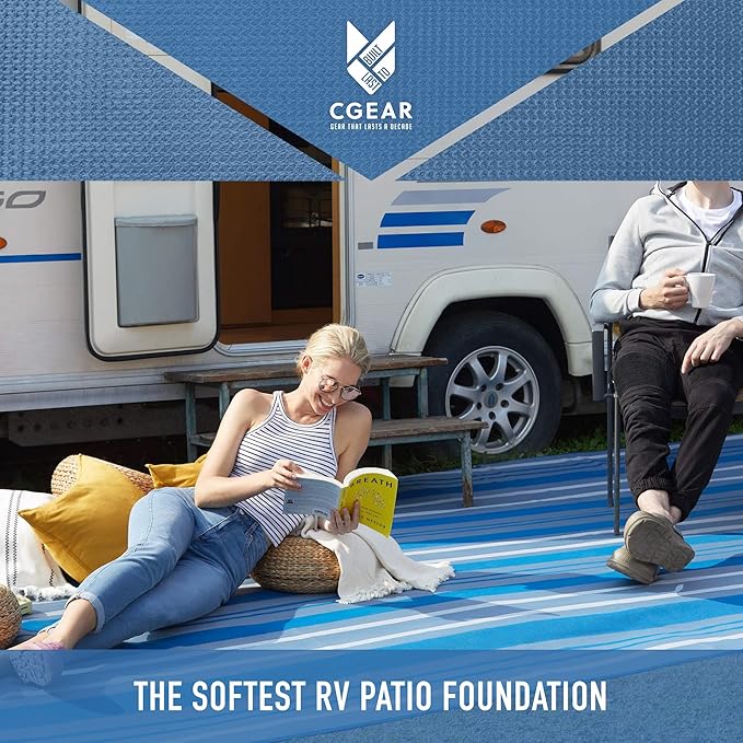CGEAR RV Comfort Mat – Patented Sand-Free Technology with Ultra Soft Material – Sized to Your RV, Campsite, Beach House – Great Outdoor Patio Rug for RV and Camping (Dynamic Stripe, 8' x 20')
