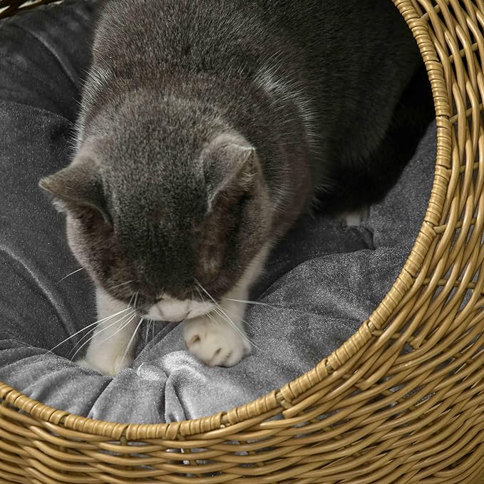 PawHut Rattan Cat Bed, Wicker Cat House Basket with Washable Cushion for Small Indoor Cats and Dogs, Light Brown