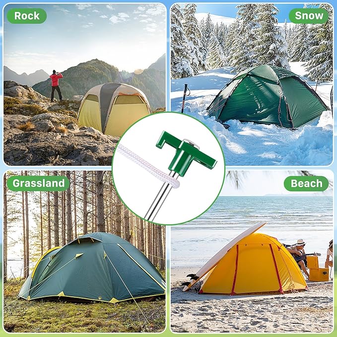 20 Pack Tent Stakes Heavy Duty, 9.6 Inch Camping Stakes, Non-Rust Metal Tent Pegs, Ground Stakes Yard Stakes with Drawstring Bag for Camping Backyards Outdoor Picnic (Green)