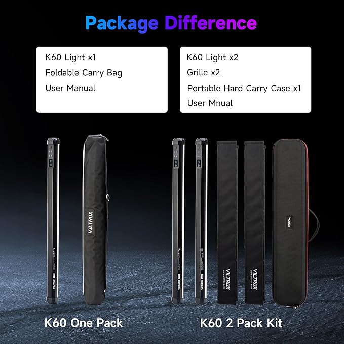 VILTROX K60 2 Pack Large Handheld Stick Light, 32Wh Rechargeable Battery 20W 1950lm RGB LED Video Light w PD Fast Charging CRI 97+ 2500K-8500K LCD Display, 22.8" Tube Light for Photography Light Wand