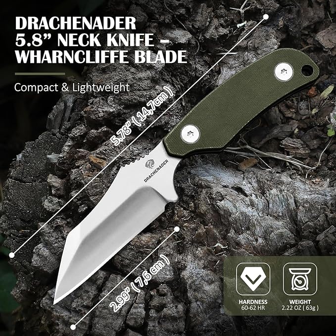 5.78" Mini Neck Knife with Sheath, 2.99" D2 Steel Blade Silver Full Tang EDC Small Wharncliffe Knife with G10 Handle for Men, Horizontal Carry