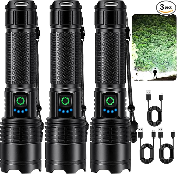 Rechargeable Led Flashlight High Lumens - 99,000lm Bright Powerful Flash Light with 5 Modes, Waterproof Handheld Linterna for Home, Camping(3 Packs)
