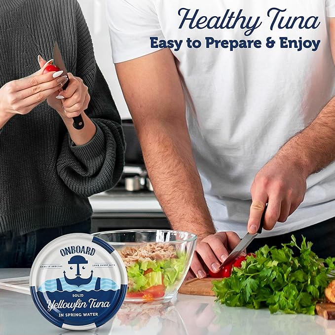 ONBOARD Premium Yellowfin Tuna in Spring Water - 12 Pack Solid Light 5 Oz Cans Sustainably Wild Caught Canned Tuna, Non GMO, Gluten Free, Tinned Fish 24g Protein ??Ingredient Rich Tuna for Salad and Recipes