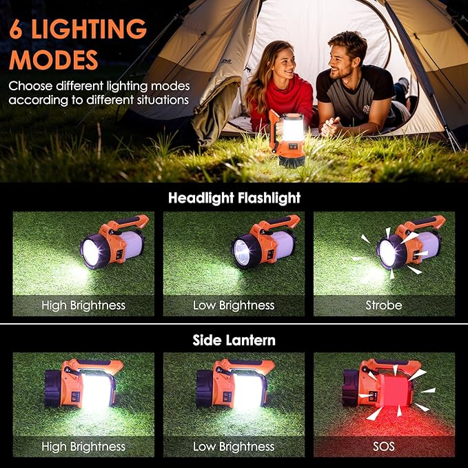 Tripod Rechargeable Camping Lantern, 6 Modes LED Flashlight Handheld Spotlight with 4000LM, 4400mAh Power Bank, IPX4 Waterproof Searchlight Work Light for Emergency Hiking Survival Kit - Orange
