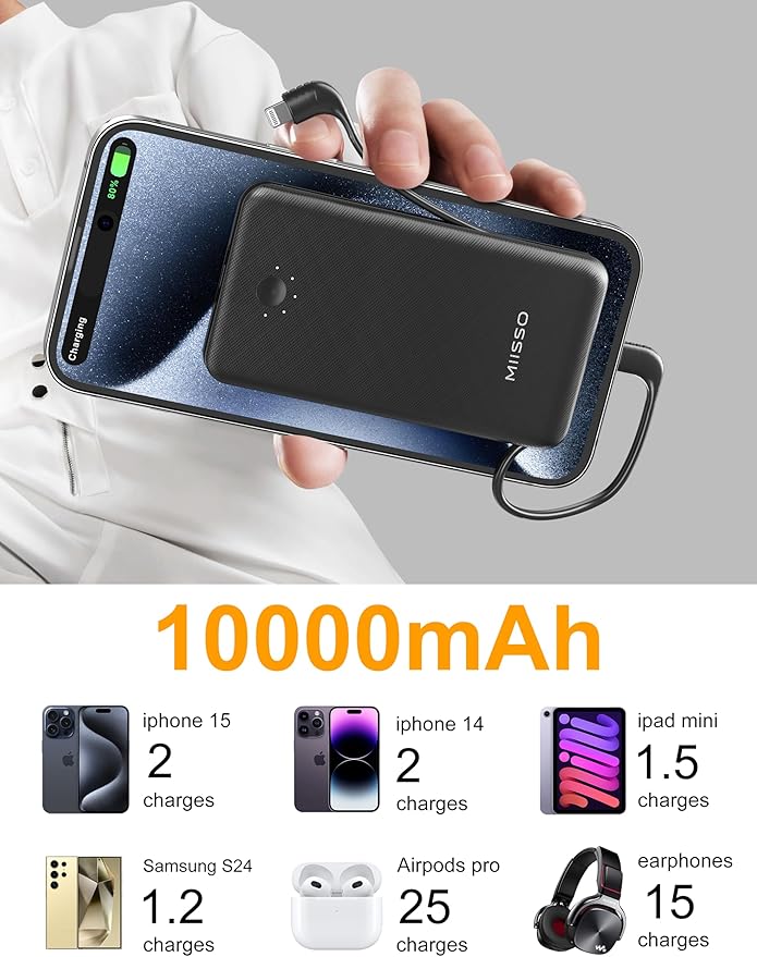 miisso Ultra Slim 10000mAh Power Bank Built-in Cables and Foldable AC Wall Plug, Pocket Size USB C Portable Charger, External Battery Pack Compatible with iPhone Samsung, 2 Pack Black & Pink