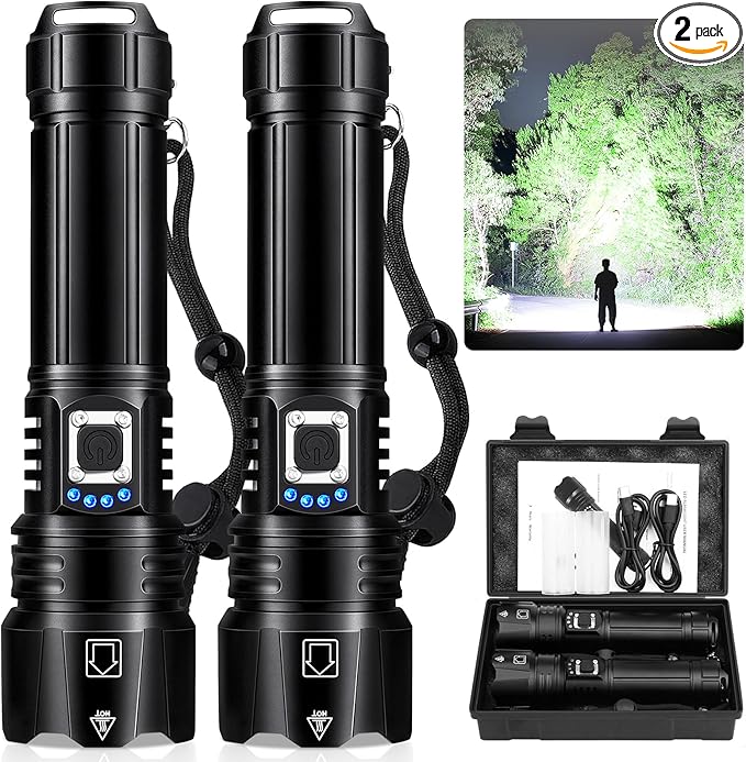 Cinlinso Flashlights High Lumens Rechargeable, 2 Pack 99,000 Lumens Super Bright LED Flashlight with 5 Modes, Waterproof Powerful Flash Light Multifunctional Flashlights for Home Emerge?Šcies Camping