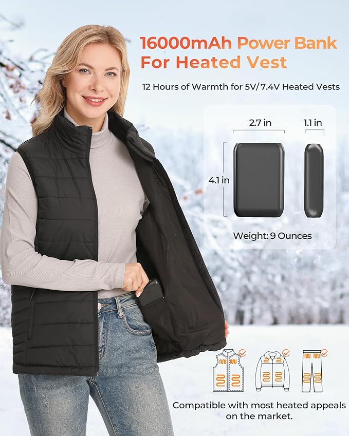 𝟳.𝟰𝗩/𝟱𝗩 𝟭𝟲𝟬𝟬𝟬𝗺𝗔𝗵 Heated Vest Battery Pack, Power Bank with USB/Type-C/DC (3.5/3.8/4.0) Output and LED Display, for Heated Vests, Hoodies, and Jackets up to 12H
