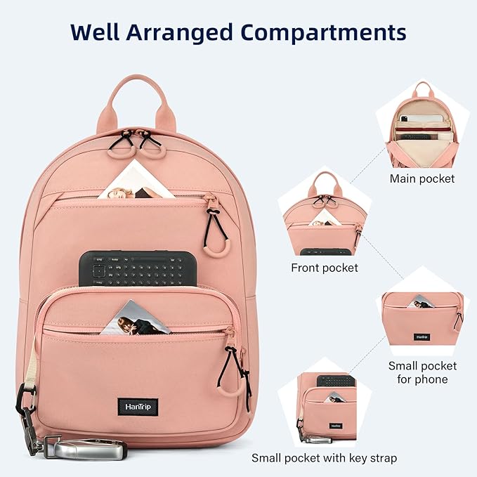 Carry On Travel Backpack For Men Women, 13 Inch Small Mini Work Bag Personal Item Backpacks, Camping Back Pack Lightweight Hiking Daypack For Office Nurse Commuter (Pink)