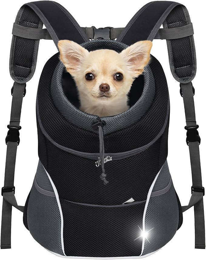 YUDODO Dog Front Carrier Backpack, Adjustable Breathable Pet Carrier for Small Dogs Cats, Ventilated Puppy Back Pack with Safety Belt, Lightweight Doggy Backpack for Hiking Outdoor (Black, Large)