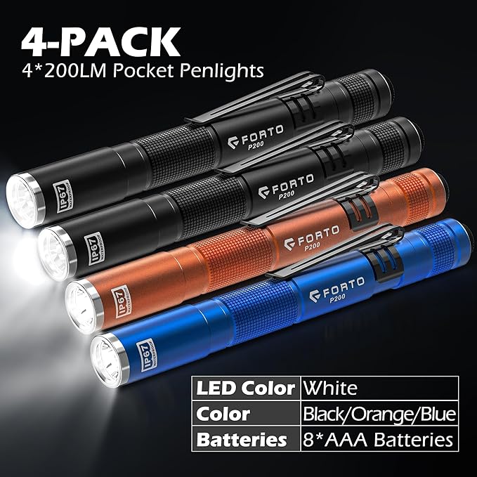 FORTO LED Pen Light, 200 Lumens Pocket Flashlight, IP67 Waterproof, 2 Modes, 2 Pack with AAA Batteries, Lightweight & Durable for Inspection, Medical Use, Emergency(4-Pack Mix)