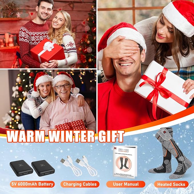 Heated Socks, 5V 6000mAh Rechargeable Heated Socks for Men & Women, Electric Socks with 3 Heating Levels for Winter, Skiing, Hunting, Camping, Hiking, Cycling, Outdoor Work