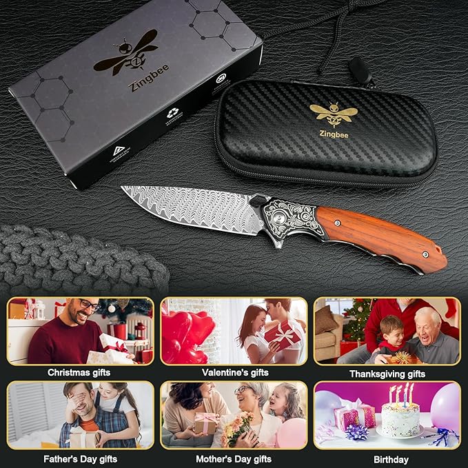 Damascus Folding Knife, 3.39" VG10 Core Damascus Steel Blade Pocket Knife for EDC, Wood Handle Pocket Knives for Camping Survival Hunting