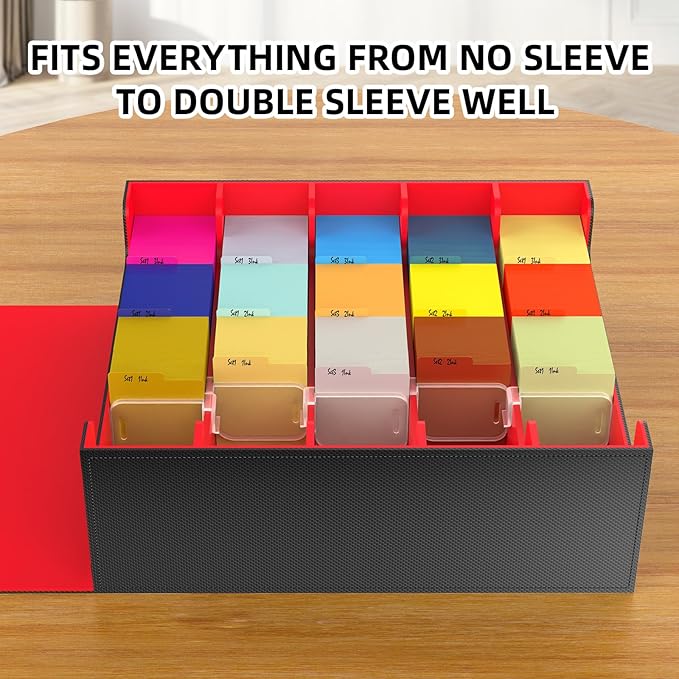 AFIING Trading Card Storage Box, MTG Deck Box with 48 Dividers & Supporters, Commander Card Deck Case Fits for Magic Game Cards, YugiOh, TCG, baseball and Sport Cards, Black Red 3200+