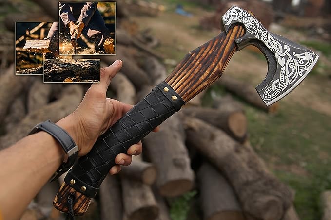 Viking Axe - Premium Carbon Steel Hatchet Axes with Leather Sheath – 19 Inch Rosewood Handle Bushcraft for Camping, Wood Splitting, Gift for him(Medivial Axe)