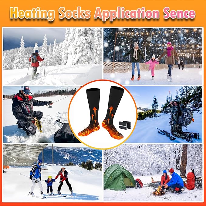 Heated Socks for Men Women Warm Thermal 5V 5000mAh Unisex Electric Rechargeable Battery Heat Socks with 4 Heating Levels for Winter Outdoor Camping Motorcycle Skiing Foot Warmer
