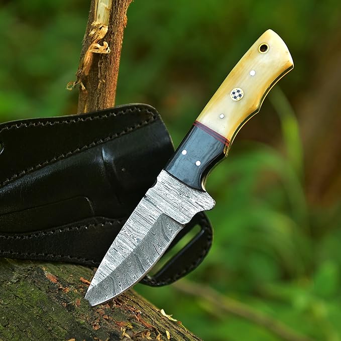 Full Tang Handmade Damascus Fixed Blade Knife With Leather Sheath - For Outdoor Camping, Hiking, Fishing, Hunting - Horizontal Carry Bushcraft Tracker Knife