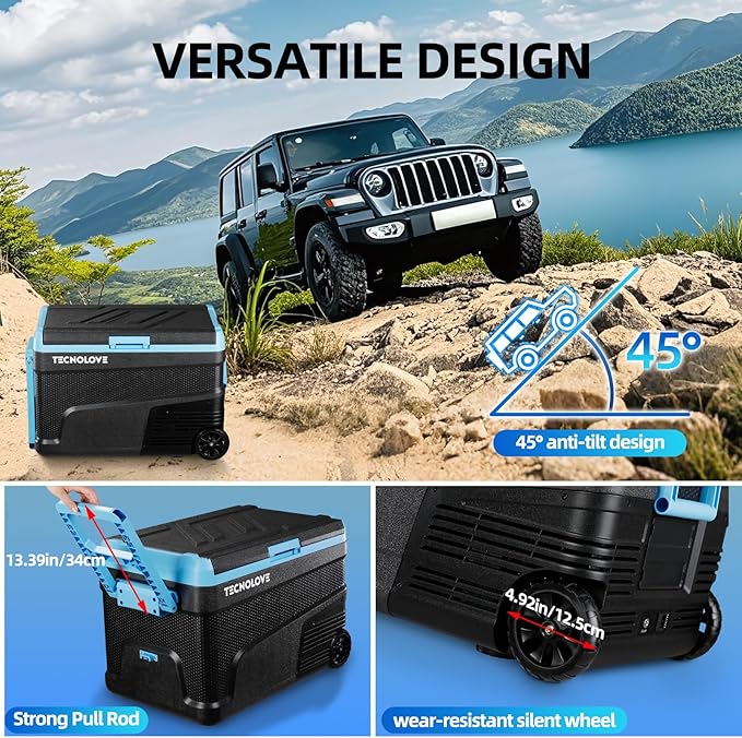 45L Car Refrigerator Freezer, -4℉~68℉ 48QT Single Zone Portable Compressor Cooler with Reversible Door, Battery Slot, All-Terrain Wheels, 100–240V AC / 12V / 24V DC Powered, LED Light – Ice Blue