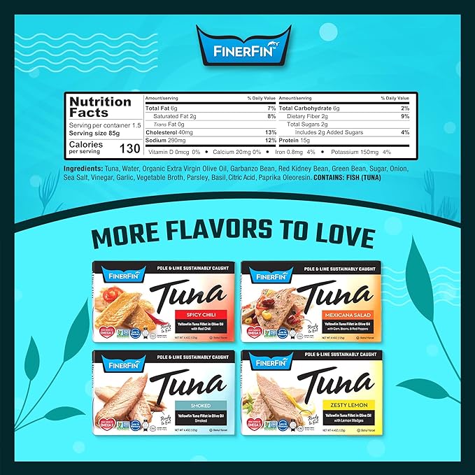 FinerFin Yellowfin Tuna In Organic Olive Oil ??3 Bean Salad Flavor (4.4oz can - 6 Pack); Premium Canned Fish with EVOO, Gourmet Ready-to-Eat Fillets, Wild-Caught