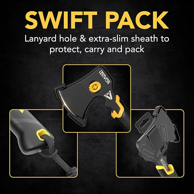 LEXIVON V-ONE Survival Hatchet, 9.5" Full Tang Lightweight Axe | 6mm Stainless Steel Electro-Black Finish Blade, Ergonomic Bi-Material Grip Handle | Protective Slim Sheath Included (LX-VONE-PP)