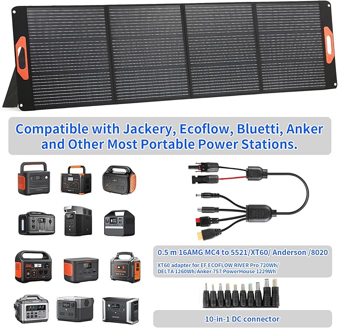 200W Portable Solar Panel for Power Station, Compatible with Jackery, Ecoflow, Bluetti, Anker and More Portable Power Stations, 23.5% High Efficiency, Weatherproof for Camping, RV, Emergency Power