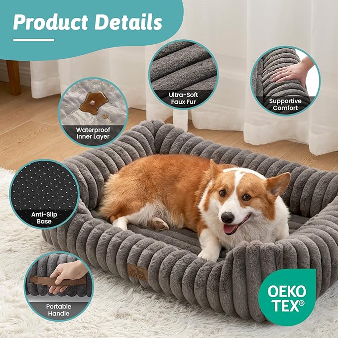 Orthopedic Dog Bed for Small Dogs & Cats - Washable Rectangle Pet Bed with Anti-Slip Bottom, Soft Calming Cat & Puppy Bed for Indoor Pets (25"x21"x6", Grey)