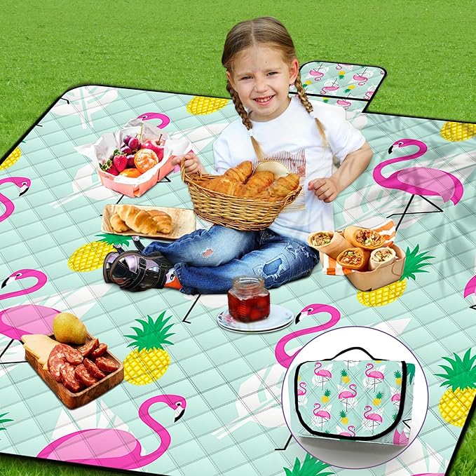 Extra Large Picnic Blanket Waterproof,80"x 80"Foldable Machine Washable Beach Blankets,Outdoor Blanket for 6-8 Adults,Picnic Mat Suitable for Indoor Crawling,Park Beach,Camping,Hiking,Travel(Flamingo)