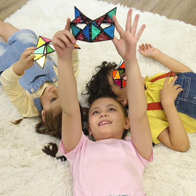 TOSY Magnet Pyramid Glow - 1 Cube Transforms into 1 Billion Shapes, 12 Pieces, 243 Rare Earth Magnets, Glowing, Holographic Design Magnet Tiles Creative Puzzle STEM/STEAM Toy, 4-Pack