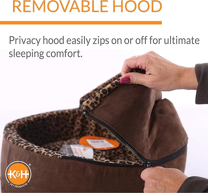 K&H Pet Products Thermo-Kitty Bed Deluxe Heated Cat Bed for Large Kitties - Indoor Heated Pet Bed for Dogs & Cats, Covered Cave Pet Tent, Machine Washable, Safety Listed - Large 20in Mocha/Leopard