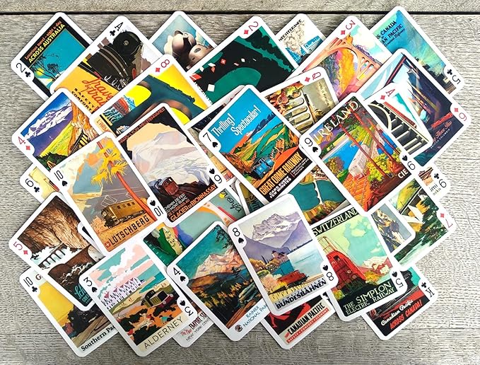 Travel by Train Playing Cards (Poker Deck 54 Cards All Different) Vintage European American Railway Travel Posters Retro Adverts Steam Train Loco