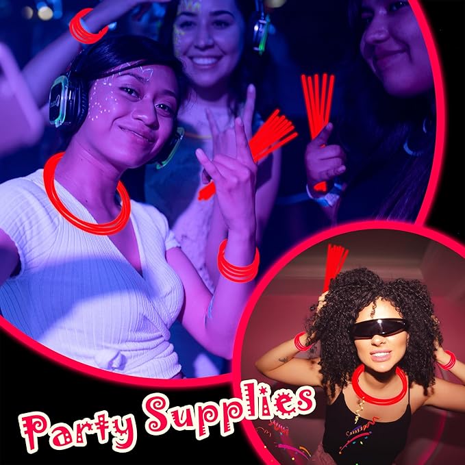 100 pk 8" Glow Sticks Bulk Party Favors, Light up Glow Necklaces & Bracelets in the Dark Party Supplies For Christmas Halloween 4th of July Birthday Neon Party (100 * Red)