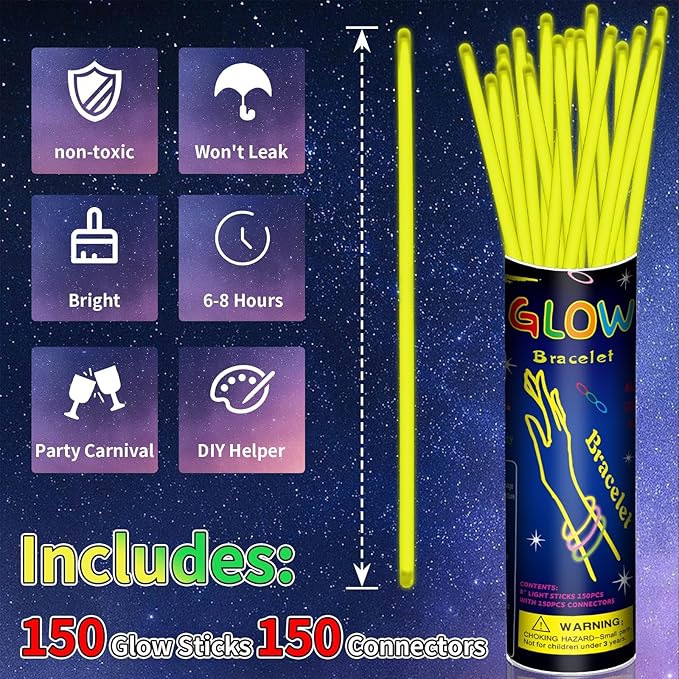 150 Pack 8” Yellow Glow Sticks Bulk with 150 Connectors Neon Glow In The Dark Party favors Supplies for Holiday Birthday Party Decoration (Yellow)