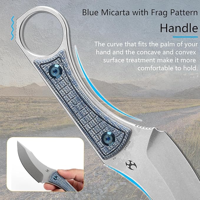 KANSEPT Niko Fixed blade Knife with Sheath, 3.54'' Stonewashed D2 Sharp Blade and Blue Micarta with Frag Pattern Handle, Adjustable Kydex Sheath for EDC, Fixed Knifes for Camping Hiking Fishing G004A7