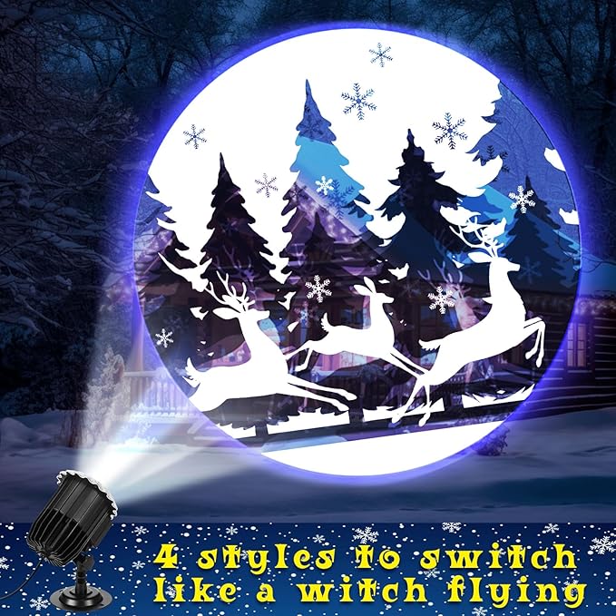 Vintage Christmas Projector Light with 1 Film Slides Holiday LED Deer Tree Projector Lights Outdoor Reflectors Waterproof Landscape Decorative Rotation Lighting Movement Projection Lamp