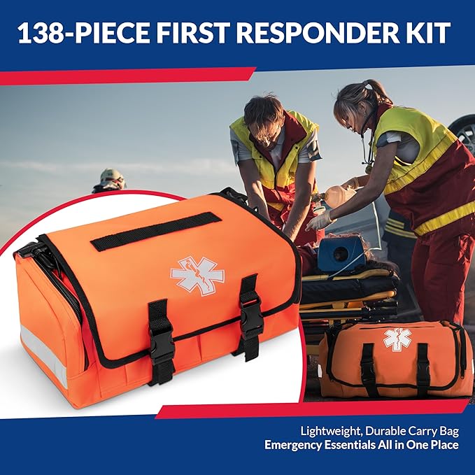 First Responder Trauma First Aid Kit Bag ??Fully Stocked Emergency Medical Kit for Workplace, Vehicle & Home ??OSHA & ANSI Compliant ??Portable ??Orange