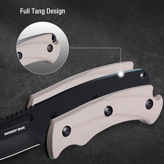 Mossy Oak Survival Hunting Knife with Sheath, 8.5-inch Full-tang Fixed Blade Knife, Outdoor Knives for Survival, Camping, Hiking (G10 Handle-Desert)