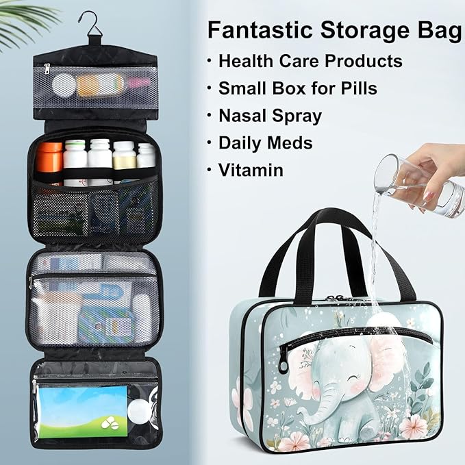 Fustylead Cute Elephant and Flower Pill Organizer Bag Large Medicine Travel Carrying Case with Zipper for Vitamin Supplements Fish Oil, Empty First Aid Kit for Hiking Camping