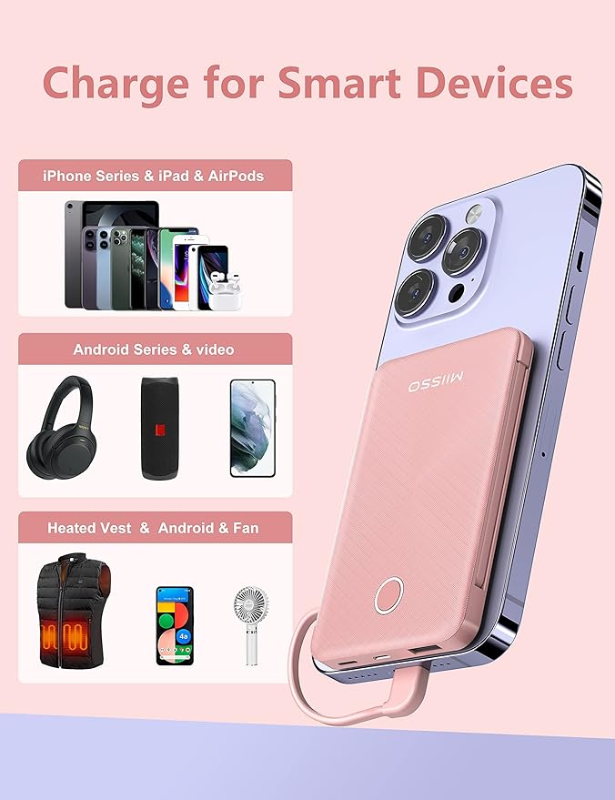 6000mah Ultra Slim Built in Cables Power Bank, Card Size Built in USB C Cords Battery Pack Portable Charger for Phones, 3 Output External Battery Pack Compatible with iPhone, Samsung, Deep Pink