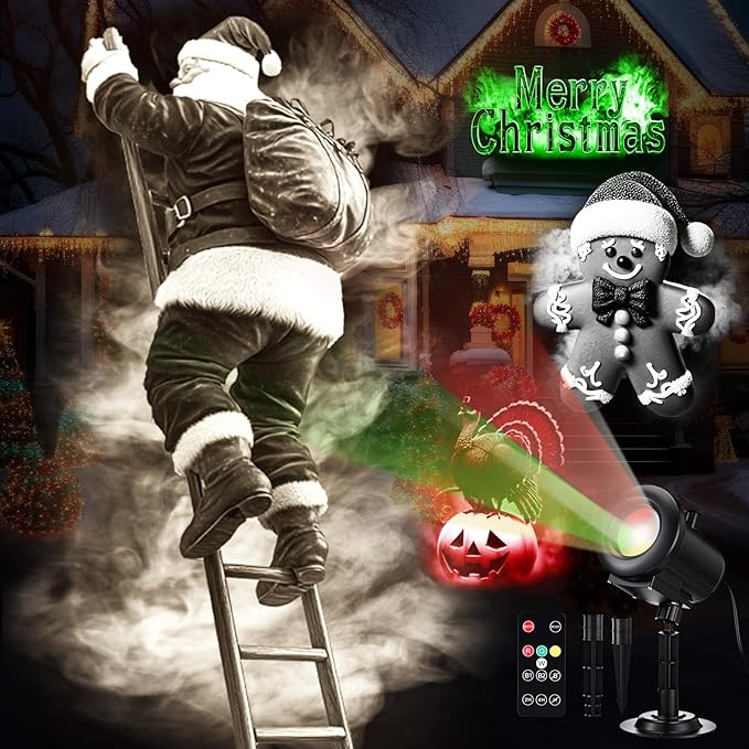 Christmas Projector Lights 2025 Upgrade 3D Dynamic Outdoor Indoor Decorations 4 Colors Light, with Remote and 12 HD Effects, Santa Claus Snowman Xmas for House Window Garden Decor