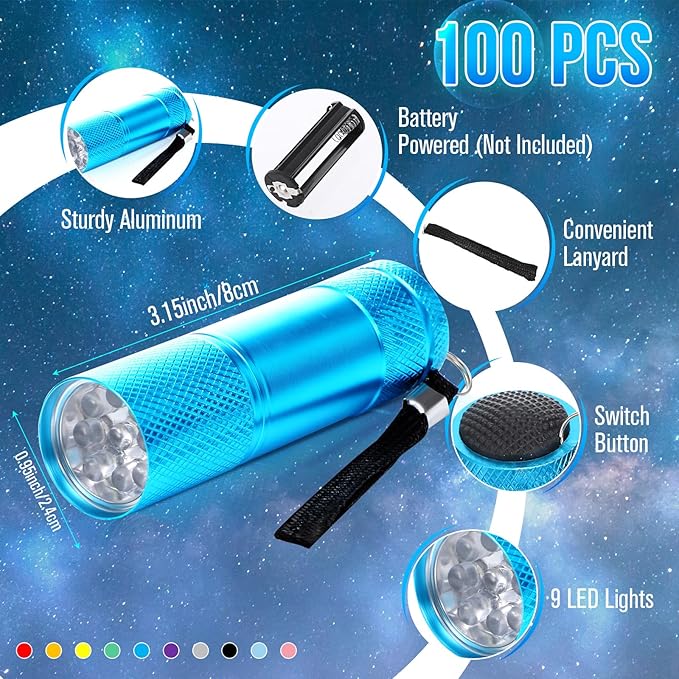 VIHOSE 100 Pcs Mini Flashlights Bulk, Bright Flashlights Set, Aluminum LED Handheld Torches for Party Favors Night Reading Camping Emergency Items Gifts Homeless, Batteries Not Included(Bright Color)