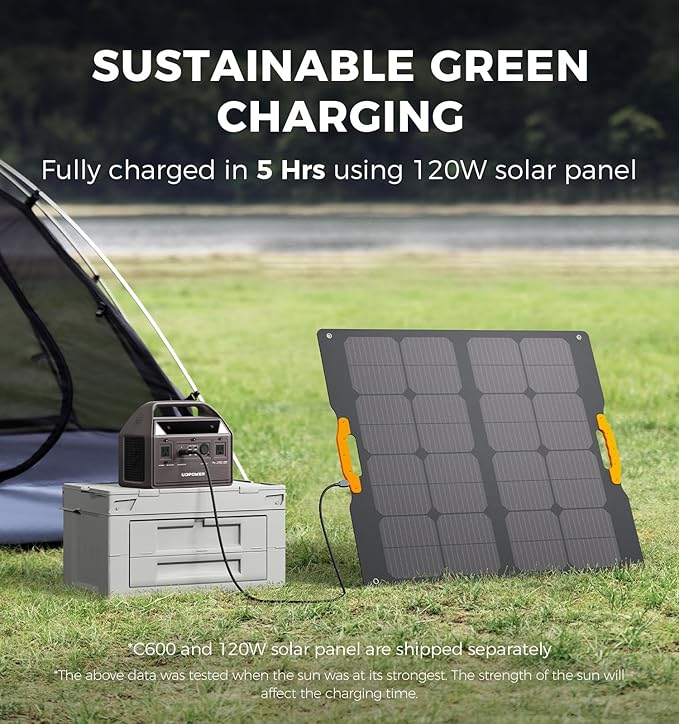 C600 Solar Generator with 120W Solar Panel - 600W Portable Power Station(Surge 1200W) AC Output, 595Wh LiFePO4 Battery, for Camping, Travel, RV, Emergency Power Backup(White)