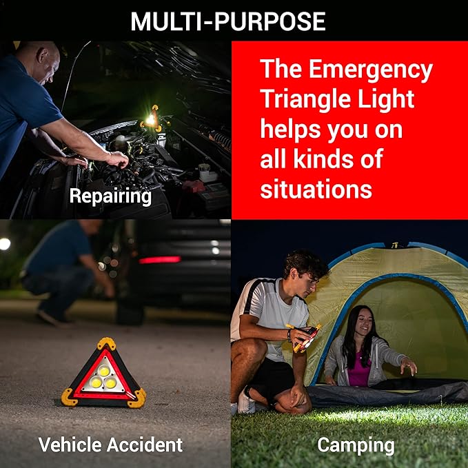 Emergency Warning Triangle - LED Light, Water-Resistant, Shockproof & Portable