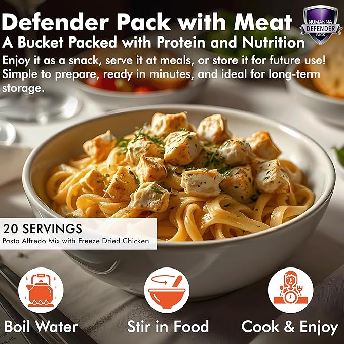 Numanna Defender Pack with Meat Bucket 216 Servings | 1-Month Emergency Food Supply with Protein | Easy-to-Prepare Survival Meals for Prepping, Camping & Daily Use | 25+ Year Shelf Life | Made in USA