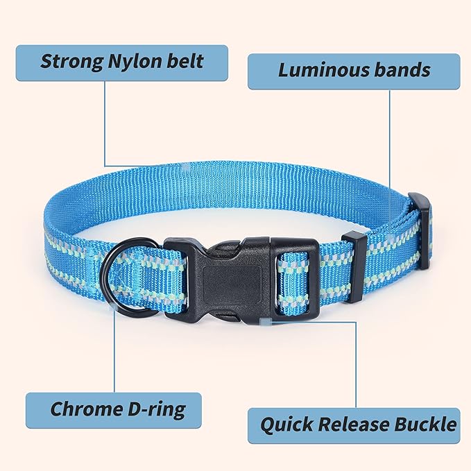 Mile High Life Nylon Night Light Glow Collar, Reflective Light Up Dog Collar, Fluorescent Self-Luminescent Strap for Small Medium Large Dogs (Hot Blue, L Neck15-19)