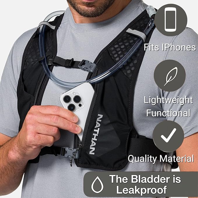 Nathan QuickStart 1.5L Hydration Pack Vest with Bladder or flasks, Storage Pockets, Breathable Moisture-Wicking Fabric, Adjustable Straps for Running, Hiking, Walking, Marathons, Obstacle Races