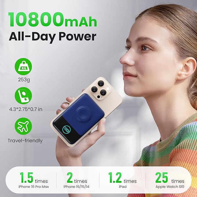 Magnetic Portable Charger for iPhone, 3-in-1 10800mAh Qi2 15W Wireless Power Bank with iWatch Charger,30W PD Fast Charging USB-C LCD Display Battery Pack for Magsafe,iPhone 17/16/15/14/13, Apple Watch