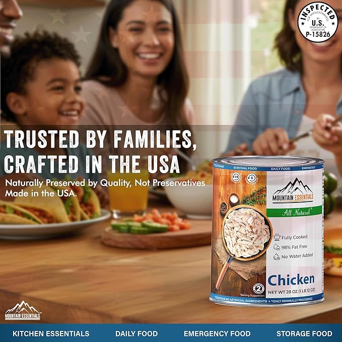 MOUNTAIN ESSENTIALS Fully Cooked Canned Chicken 28 Oz – White Meat for Daily Meals, Camping & Emergency Food – Great for Snack, Lunch, Dinner Recipes – 5-Year Shelf Life – Made in USA – Pack of 6