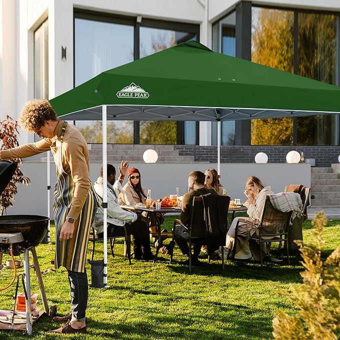 EAGLE PEAK Pop Up Canopy Tent with Wheeled Carry Bag, 8 Stakes, 4 Ropes, 4 Weight Bags, Easy Set Up Tent Canopy, 12x12 ft, 144sqft of Shade, Green