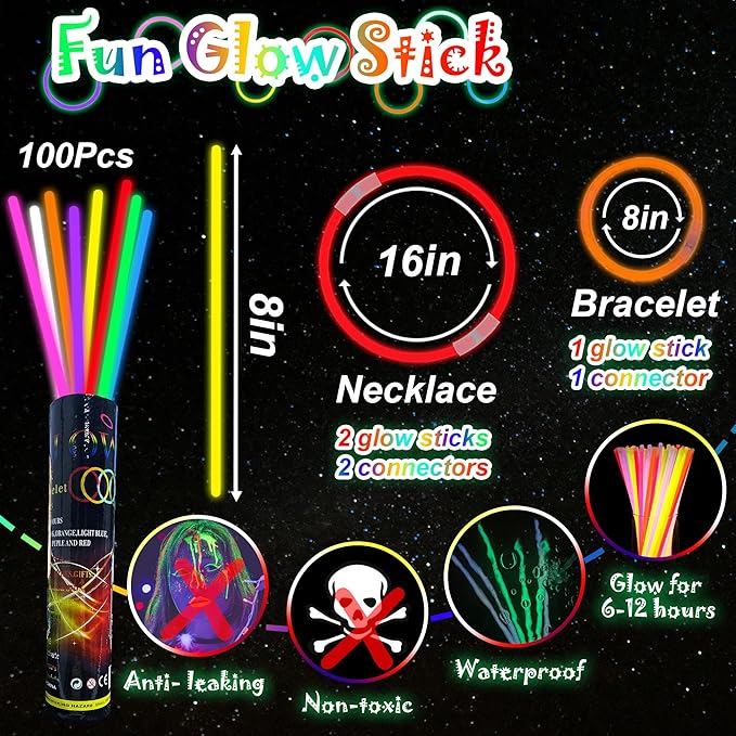 ILHSTY 100 pk Glow Sticks Bulk Party Favors and Decorations - 8" Glow in the Dark Party Supplies For Halloween Neon Party Light up Glow sticks Necklaces & Bracelets (Multicolor*100)