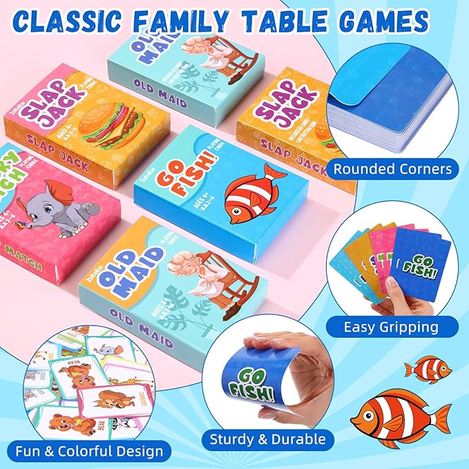 Zubebe 16 Decks Kids Card Games Bulk Classic 4 In1 Includes Go Fish, Old Maid, Memory Match, Slap Jack Playing Card Game Set for Toddlers Family Game Night Basket Stuffers Party Favors