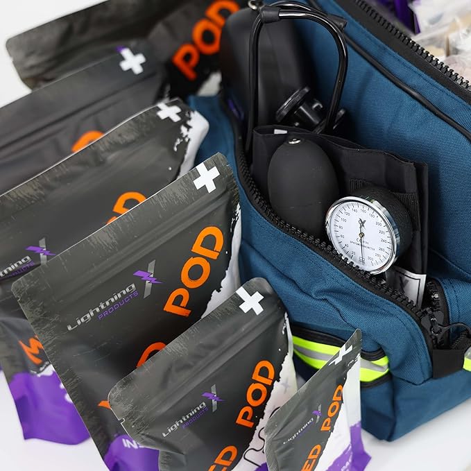 Lightning X MB30-SKC Large EMT Trauma Kit | Fully Stocked First Responder Bag w/ 240+ Supplies | EMS Fire Police Office Sports Team Emergency Medical Kit - Blue